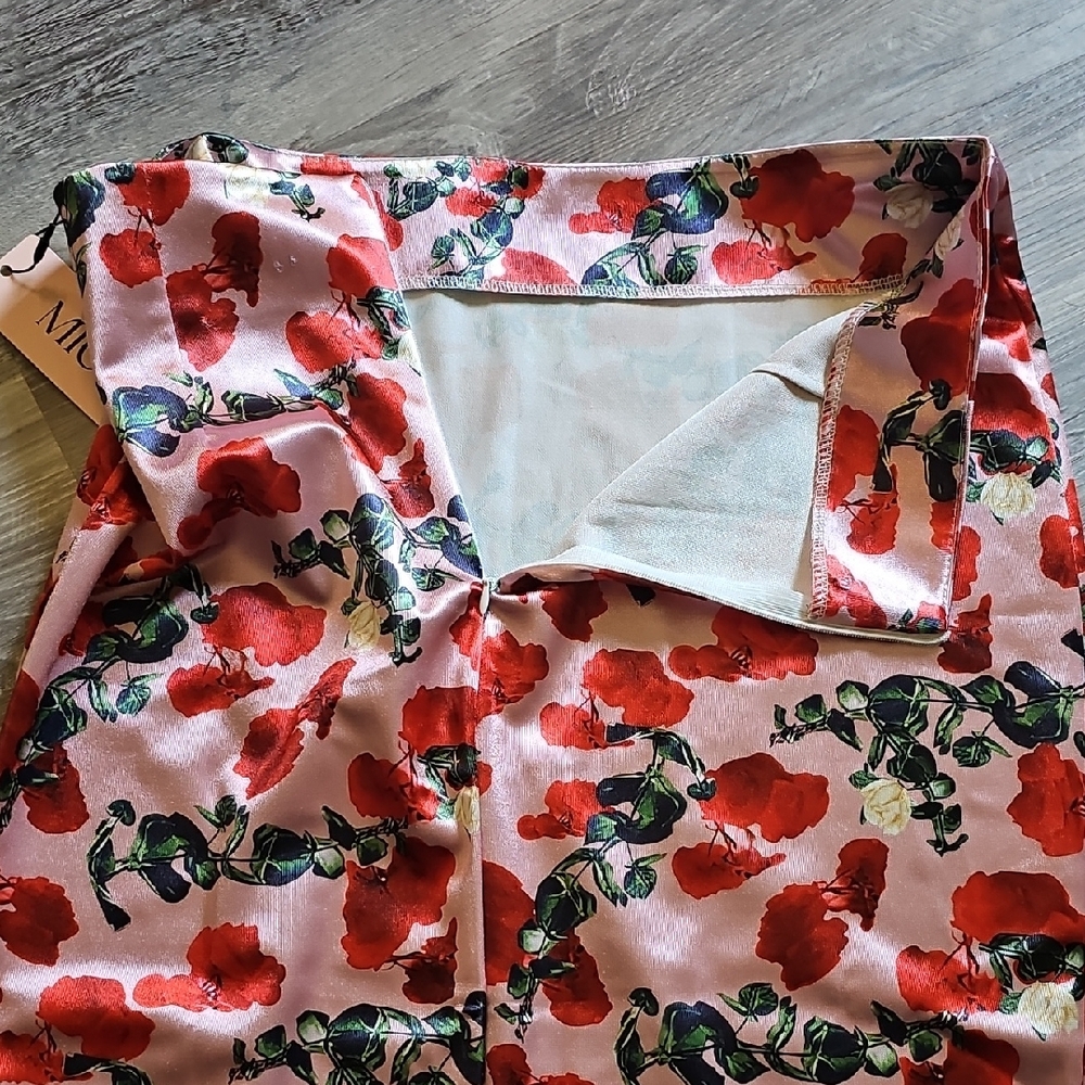 Micas Pink Floral Mini Skirt Medium NWT Ruched A Line Summer Skirt - Picture 5 of 5